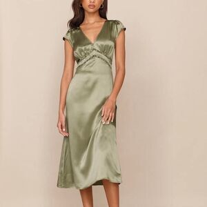 Reformation Sage Silk Dress With Cap Sleeves